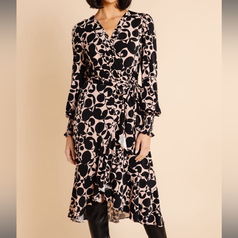 Rachel Parcell retro-print-jersey-wrap-dress-black-blush-nude size small